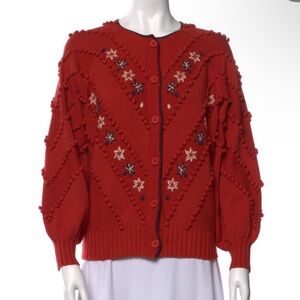 THE GREAT. Red Embroidered Pom Pom Cardigan Small 1